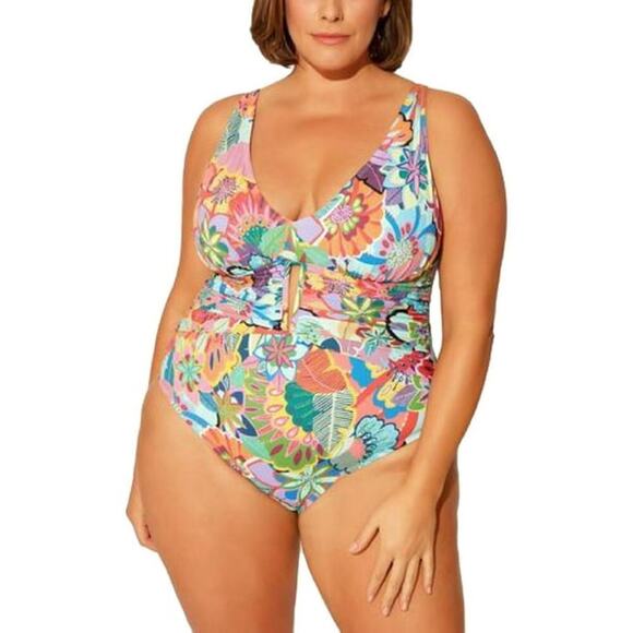 Bleu By Rod Beattie Women Printed Gathered One-Piece Swimsuit Blue 20W New - Picture 1 of 8